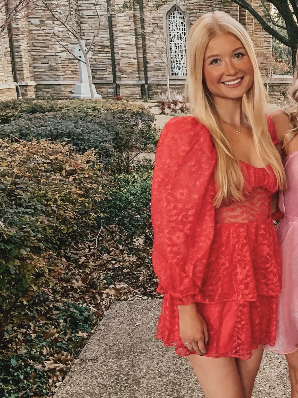 MAJORELLE Pink Puff Sleeve Lace Mini Dress